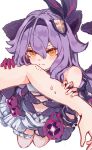  ambiguous_gender animal_ears asymmetrical_clothes bite_mark cat_ears cat_tail closed_mouth fingerless_gloves gloves hair_between_eyes highres honkai_(series) honkai_impact_3rd honkai_impact_3rd_sticker_redraw_(meme) legs_together long_hair meme navel out_of_frame pink_gloves purple_hair sac_0120 simple_background sirin sirin_(miracle_magical_girl) solo solo_focus symbol-shaped_pupils tail v-shaped_eyebrows white_background x-shaped_pupils yellow_eyes 