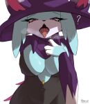 2024 anthro anthrofied big_breasts blue_body blue_fur breasts breath clothed clothing felid feline female fur hat headgear headwear hi_res homuro katress mammal open_mouth pal_(species) palworld question_mark simple_background solo teeth tongue tongue_out witch_hat