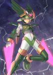  android bodysuit dual_wielding energy_sword green_eyes harpuia helmet highres holding male_focus rockman rockman_zero solo sword tesshii_(riza4828) weapon 