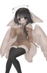 115meg 3_fingers :&lt; absolute_territory absurd_res anthro artist_name bare_shoulders big_ears biped black_hair blush body_blush breasts brown_clothing canid canine clothing collarbone eyelashes feathered_wings feathers female fennec fingers fluffy fluffy_tail footwear fox fur grey_body grey_eyes grey_fur hair halo hi_res legwear long_sleeves looking_at_viewer mammal multi_tail paw_pose pose raised_hand signature simple_background sleeves_past_wrists small_breasts socks solo sweater sweater_dress tail thick_thighs thigh_highs topwear white_background wings