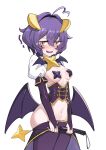  1girl absurdres black_hair black_pasties blush breastless_clothes breasts corset cross-shaped_pupils cross_pasties demon_wings fold-over_gloves forward_facing_horns highres hiiragi_utena holding_riding_crop horns kaguyamaou low_wings lowleg lowleg_pants magia_baiser mahou_shoujo_ni_akogarete navel nervous_sweating nose_blush pants pasties purple_corset purple_pants riding_crop simple_background small_breasts solo stomach sweat symbol-shaped_pupils white_background white_shrug wings yellow_eyes yellow_horns 