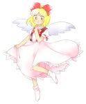 1girl :d blonde_hair bobby_socks bow dress flat_chest full_body gengetsu_(touhou) hair_bow hand_up leg_up nonamejd official_style open_clothes open_vest puffy_short_sleeves puffy_sleeves red_bow red_vest short_hair short_sleeves simple_background smile socks solo touhou vest white_background white_dress white_socks white_wings wings yellow_eyes zun_(style) 