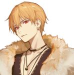  1boy ask_(askzy) bishounen black_choker black_shirt blonde_hair character_request chinese_commentary choker closed_mouth collarbone commentary_request copyright_request ear_piercing earrings expressionless fur-trimmed_jacket fur_trim hoop_earrings jacket jewelry male_focus necklace pectoral_cleavage pectorals piercing red_eyes shirt short_hair simple_background solo thick_eyebrows upper_body white_background 