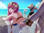  2boys 2girls :d absurdres arched_back arms_up back bare_arms bare_shoulders beach bent_over bikini black_shorts blade_ride blue_bikini blue_eyes blue_one-piece_swimsuit blue_sky blunt_bangs breasts clothed_sex cloud cowboy_shot dark-skinned_male dark_skin day earrings fire_emblem fire_emblem_heroes flower flower_necklace flower_wreath gunnthra_(fire_emblem) gunnthra_(summer)_(fire_emblem) hair_between_eyes hair_flower hair_ornament hanging_breasts helbindi_(fire_emblem) helbindi_(summer)_(fire_emblem) highres horizon implied_sex jacket jewelry kiran_(fire_emblem) kiran_(male)_(fire_emblem) large_breasts legs_apart light_blush long_hair long_sleeves looking_at_viewer looking_back multicolored_hair multiple_boys multiple_girls muscular muscular_male ocean official_alternate_costume one-piece_swimsuit open_mouth orange_hair outdoors pink_hair sarong sex sex_from_behind short_hair shorts sky smile standing standing_sex star_(symbol) star_print stealth_sex strap_gap swimsuit torso_grab towel twitter_username very_short_hair water white_hair white_jacket white_sarong white_towel ylgr_(fire_emblem) ylgr_(summer)_(fire_emblem) 