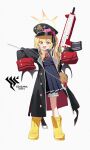  1girl :d absurdres assault_rifle black_coat black_dress black_headwear black_ribbon black_wings blonde_hair bloomers blue_archive boots bow coat demon_wings dress english_text full_body gehenna_academy_logo gun h&amp;k_hk416 hair_ribbon halo hands_up hat hat_bow heart highres holding holding_gun holding_weapon ibuki_(blue_archive) long_hair long_sleeves low_wings neck_ribbon open_clothes open_coat open_mouth oversized_clothes peaked_cap pinafore_dress pink_bow red_ribbon ribbon rifle sleeveless sleeveless_dress sleeves_past_fingers sleeves_past_wrists smile solo weapon white_background white_bloomers wings xintianou yellow_eyes yellow_footwear yellow_halo 