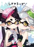  2girls bare_arms bare_shoulders black_dress black_hair black_jumpsuit blush bow-shaped_hair breasts callie_(splatoon) cleavage collarbone cousins cross-shaped_pupils detached_collar dress earrings food food_on_head gloves gradient_hair highres hoop_earrings iku_(wtu6pma7) jewelry jumpsuit marie_(splatoon) mole mole_under_eye multicolored_hair multiple_girls object_on_head pointy_ears short_dress short_jumpsuit short_ponytail splatoon_(series) squid_girl strapless strapless_dress sushi sweatdrop swept_bangs symbol-shaped_pupils tentacle_hair twintails white_gloves white_hair yellow_eyes 