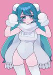  1girl absurdres blue_eyes blue_hair blush covered_navel fur-trimmed_mittens fur_trim hair_ornament hands_up hatsune_miku highres long_hair looking_at_viewer mittens one-piece_swimsuit parted_lips pink_background pom_pom_(clothes) pom_pom_hair_ornament rere_soft scarf school_swimsuit solo swimsuit translation_request twintails very_long_hair vocaloid 