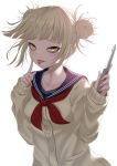  1girl bags_under_eyes blonde_hair blood blood_on_knife blood_on_tongue blue_sailor_collar boku_no_hero_academia cardigan double_bun hair_bun highres holding holding_knife index_finger_raised knife looking_at_viewer messy_hair neckerchief nishinokyo red_neckerchief sailor_collar simple_background solo toga_himiko white_background yellow_cardigan yellow_eyes 