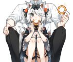  1boy 1girl ahoge animal_ears asymmetrical_bangs black_bow black_pants bow chinese_clothes collared_shirt commandant_(punishing:_gray_raven) eating food food_on_face food_request grey_eyes grey_hair hair_ornament hair_over_one_eye highres holding holding_food mechanical_ears myam_(123ab456c) no.21:_feral_scent_(punishing:_gray_raven) no.21_(punishing:_gray_raven) official_alternate_costume official_alternate_hairstyle orange_pom_poms pants pom_pom_(clothes) pom_pom_hair_ornament punishing:_gray_raven shirt sidelocks thighlet twintails white_background white_shirt wide_sleeves wolf_ears 