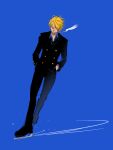  1boy black_pants blonde_hair blue_background blue_shirt cheouldu commentary_request curly_eyebrows facial_hair full_body goatee hair_over_one_eye hand_in_pocket highres ice_skating korean_commentary looking_to_the_side male_focus one_piece pants sanji_(one_piece) shirt short_hair skating smoke solo suit 
