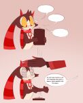 alastor_(hazbin_hotel) ambiguous_gender anthro bodily_fluids brown_body brown_fur claws demon dialogue duo english_text fan_character fur hazbin_hotel hi_res l33t_(labbit1337) labbit labbit1337 red_claws red_ears speech_bubble sweat tan_body tan_fur text