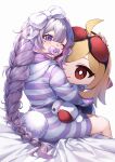  1girl bow braid character_doll curry_bowl grey_hair highres hololive hololive_english hololive_indonesia hood hoodie kaela_kovalskia koseki_bijou long_hair on_bed one_eye_closed pacifier purple_eyes single_braid striped_clothes striped_hoodie virtual_youtuber white_background white_bow 