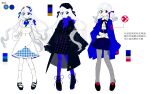  1girl absurdres arm_behind_back belt belt_buckle black_bow black_bowtie black_coat black_eyes black_footwear black_hairband black_sleeves blue_bow blue_bowtie blue_coat blue_dress blue_headwear blue_pantyhose blue_pupils blue_ribbon blue_scarf blue_shirt blue_skirt blue_sleeves boots bow bowtie buckle buttons chinese_commentary chinese_text choker closed_mouth coat coattails collared_coat collared_shirt color_guide commentary_request cross-laced_footwear deerstalker dress frilled_dress frilled_skirt frills frown grey_pantyhose hair_ornament hair_ribbon hairband hat heterochromia high-waist_skirt high_collar highres kneehighs long_hair long_sleeves looking_at_viewer loose_hair_strand low_twintails mary_janes miniskirt open_clothes open_coat original pantyhose plaid plaid_dress plaid_headwear plaid_skirt puffy_long_sleeves puffy_sleeves reference_sheet ribbon sample_watermark scarf shirt shoes short_dress short_twintails simple_background single_stripe skirt sleeves_past_fingers sleeves_past_wrists socks striped_bow striped_bowtie striped_clothes tiankong_yiji translation_request twintails variations very_long_hair watermark white_background white_belt white_choker white_dress white_hair white_shirt white_sleeves white_socks wide_sleeves x_hair_ornament 
