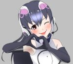  1girl african_penguin_(kemono_friends) bare_shoulders black_gloves black_hair blush elbow_gloves gloves hair_between_eyes headphones heart heart_hands high_collar highres kemono_friends kemono_friends_v_project long_hair microphone multicolored_hair one_eye_closed open_mouth pink_eyes pink_hair shirt sidelocks sleeveless smile solo third_n virtual_youtuber white_hair white_shirt 