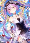  bad_id bad_pixiv_id bangs bare_shoulders black_bow blue_sky bow choker cloud collarbone commentary_request day dress euryale eyebrows_visible_through_hair fate/hollow_ataraxia fate_(series) flower frilled_hairband frills hair_between_eyes hairband jewelry kim_eb long_hair looking_at_viewer outdoors parted_lips pillar pink_eyes purple_hair ring rose sidelocks sky sleeveless sleeveless_dress solo twintails very_long_hair white_dress 