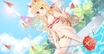  barefoot biki blonde_hair bow breasts cleavage clouds flowers horns long_hair pointed_ears red_eyes rose sky swimsuit tagme_(artist) tagme_(character) tail tree water wings 