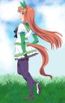  black_gloves black_pantyhose cloud cloudy_sky dress ear_covers full_body gloves grass green_dress green_eyes high_heels highres horse_girl horse_tail long_hair looking_to_the_side open_mouth outdoors pantyhose pleated_dress puffy_sleeves red_hair silence_suzuka_(umamusume) sky standing standing_on_one_leg supudere_(doki2sdale) tail two-tone_dress umamusume white_dress 