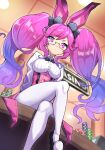  1girl alternate_costume animal_ears black_bow black_bowtie black_footwear bow bowtie casino casino_card_table cleo_(dragalia_lost) closed_mouth collared_shirt commission dragalia_lost glasses gradient_hair grimmelsdathird highres indoors long_hair long_sleeves looking_at_viewer multicolored_hair pantyhose pink_eyes pink_hair poker_chip rabbit_ears semi-rimless_eyewear shirt sitting sitting_on_table solo table twintails very_long_hair white_pantyhose white_shirt 