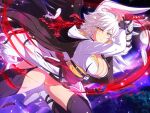  1girl asymmetrical_sleeves bandaged_arm bandages black_cape black_fire black_garter_straps black_thighhighs black_wings blush breasts cape capelet cleavage feathered_wings feathers fire flying forest full_moon garter_straps holding holding_sword holding_weapon infinity_symbol katana large_breasts light_particles looking_at_viewer low_neckline midair miyabi_(senran_kagura) moon moonlight multiple_wings nature night night_sky obi official_art open_clothes ouroboros outdoors panties red_sash sash senran_kagura senran_kagura_new_link senran_kagura_shinovi_versus seven-branched_sword shiny_skin short_hair sky slit_pupils solo sparkle star_(sky) starry_sky sword thighhighs tree tsuba_(guard) tsuka-ito tsuka_(handle) underwear uneven_sleeves weapon white_footwear white_hair white_wings wings yaegashi_nan yellow_eyes yellow_panties yellow_sash 