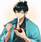  1boy black_hair blue_kimono bowl chopsticks eating fate/grand_order fate_(series) food green_eyes haori highres holding holding_bowl holding_chopsticks itou_kashitarou_(fate) japanese_clothes kimono light_blush long_sleeves looking_down male_focus noodles short_hair simple_background soba solo upper_body white_background yuu_(areruya) 