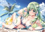  1girl absurdres ball bare_shoulders barefoot beachball bikini blue_eyes blue_sky breasts cleavage closed_mouth cloud cloudy_sky collarbone frilled_bikini frills frog_hair_ornament green_eyes hair_ornament highres kochiya_sanae large_breasts long_hair looking_at_viewer lying miyase_mahiro on_side palm_leaf palm_tree seashell shell shiny_skin sky smile snake_hair_ornament swimsuit thigh_strap thighs toes touhou tree water water_drop 