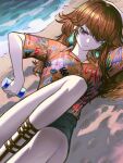  1girl absurdres beach blue_shorts can copyright_name drink_can earrings feather_earrings feathers floral_print_shirt hawaiian_shirt highres holding holding_can hololive hololive_english jewelry long_hair lying official_alternate_costume on_side orange_hair orange_shirt pungson_mori purple_eyes sand shirt shorts soda_can takanashi_kiara virtual_youtuber water 