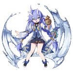  1girl absurdres ahoge bailu_(honkai:_star_rail) bare_shoulders black_dress blue_eyes blue_hair blue_vest blush braid breasts cromachina crossed_bangs detached_sleeves dragon_girl dragon_horns dragon_tail dress full_body fur_trim gourd hair_between_eyes highres honkai:_star_rail honkai_(series) horns light_blue_hair long_hair looking_at_viewer low_twin_braids open_mouth pointy_ears small_breasts smile solo tail tassel twin_braids two-tone_vest vest water white_vest 
