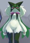 :&lt; anthro black_claws cape claws clothing female fur generation_9_pokemon green_body green_fur inside looking_at_viewer low-angle_view mask meowscarada nintendo paws pink_eyes pink_nose pokemon pokemon_(species) solo standing unousaya wide_hips