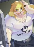 2024 amidasuke anthro belly big_belly blush bottomwear canid canine canis cellphone clothing domestic_dog electronics hi_res hisaki_(live_a_hero) humanoid_hands kemono lifewonders live_a_hero male mammal overweight overweight_male pants phone shirt smartphone solo topwear