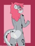 absurd_res ambiguous_gender anthro blush bodily_fluids cum cum_in_ass cum_inside eyewear felid genital_fluids girly glasses hair hi_res looking_at_viewer male mammal pantherine pink_hair rear_view saltyfrenchfries shy snow_leopard solo