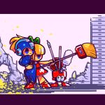  1boy 1girl blonde_hair blue_eyes blunt_bangs broom dress eddie_(mega_man) green_eyes green_ribbon hair_ribbon highres holding holding_broom humanoid_robot laser-lance looking_at_another mega_man_(character) mega_man_(classic) mega_man_(series) red_dress red_footwear ribbon robot roll_(mega_man) short_hair short_ponytail 