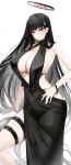  absurdres black_dress black_hair blue_archive breasts casul china_dress chinese_clothes cleavage dress feet_out_of_frame hair_intakes hair_ornament hairclip halo hand_on_own_hip highres large_breasts long_hair meme_attire red_eyes rio_(blue_archive) thigh_strap very_long_hair white_background 