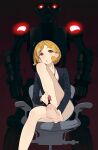  1girl barefoot black_jacket blonde_hair chair glowing highres jacket legs long_sleeves mechanical_arms nail_polish non-humanoid_robot office_chair office_lady open_mouth original red_eyes robot sekoshi_(some1else45) short_hair solo some1else45 swivel_chair 