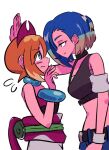  2girls bare_shoulders belt black_belt black_choker blonde_hair blue_eyes blue_hair blue_pants blush bracelet choker crop_top green_hair ida_(idalol490) irida_(pokemon) jewelry kabedon looking_at_another midriff multicolored_hair multiple_girls pants perrin_(pokemon) pokemon pokemon_legends:_arceus pokemon_sv red_shirt sash shirt short_hair shorts two-tone_hair white_background white_shorts yuri 