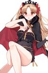  bangs bare_arms bare_legs between_breasts black_cape blonde_hair blush breasts cape commentary convenient_leg crown earrings ereshkigal_(fate/grand_order) eyebrows_visible_through_hair fate/grand_order fate_(series) feet_out_of_frame hand_on_own_chest hona_(pixiv7939518) invisible_chair jewelry long_hair looking_at_viewer medium_breasts parted_bangs parted_lips red_cape red_eyes simple_background single_sleeve sitting solo spine two_side_up white_background 