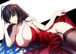  1girl akeyama_kitsune azur_lane black_garter_straps black_hair breasts brown_thighhighs choker cleavage cocktail_dress commentary_request cowboy_shot dress evening_gown garter_straps huge_breasts lace-trimmed_thighhighs long_hair looking_at_viewer lying no_panties official_alternate_costume on_side red_choker red_dress red_eyes smile solo taihou_(azur_lane) taihou_(forbidden_feast)_(azur_lane) thighhighs very_long_hair 