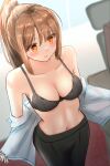  1girl black_bra blush bra breasts brown_hair empty_eyes from_above highres hypnosis long_hair medium_breasts mind_control navel open_clothes open_shirt orange_eyes original parted_lips ponytail shirt smile solo standing underwear undressing variant0083 white_shirt 