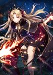  asymmetrical_legwear bangs between_breasts black_legwear blonde_hair blush breasts cape commentary_request earrings ereshkigal_(fate/grand_order) fate/grand_order fate_(series) fire fur-trimmed_cape fur_trim gabiran hair_ribbon infinity jewelry light_particles long_hair looking_at_viewer parted_bangs red_cape red_eyes red_ribbon ribbon single_thighhigh skull smile solo spine thighhighs tiara two_side_up 