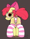  2019 apple_bloom_(mlp) butt clothing cutie_mark dock earth_pony equine eyelashes female feral friendship_is_magic hi_res horse looking_at_viewer looking_back mammal my_little_pony panties pony ribbons selenophile signature simple_background smile solo underwear urine watersports young 