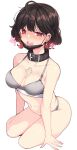  1girl absurdres ahegao ahoge barbell_piercing black_collar black_mask blush bonnggu223 bra breasts brown_hair butterfly_tattoo chest_tattoo collar cross cross_earrings cross_tattoo ear_piercing earrings gradient_hair grey_bra grey_panties heart heart-shaped_pupils highres inverted_cross jewelry jirai_kei looking_at_viewer mask mask_pull medium_breasts mouth_mask multicolored_hair nail navel navel_piercing neck_tattoo nose_blush original panties piercing pink_nails red_eyes red_hair saliva short_hair simple_background sitting snot solo surgical_mask symbol-shaped_pupils tattoo teeth thighs thong tongue tongue_piercing underwear underwear_only white_background yokozuwari 