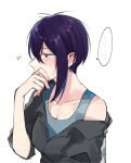  ... 1girl averting_eyes black_shirt blue_tank_top blush breasts cleavage collarbone collared_shirt commentary_request dress_shirt embarrassed hair_between_eyes hand_up highres hiiragi_shiki ikemen_sugi_desu_shiki-senpai! medium_hair partial_commentary purple_hair shirt simple_background single_off_shoulder single_sidelock sleeves_past_elbows solo speech_bubble spoken_ellipsis sweatdrop tank_top translated upper_body white_background yuama_(drop) 