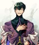  1boy black_hair black_shirt blood blood_on_clothes blood_on_face coat_partially_removed collared_shirt fate/grand_order fate_(series) green_eyes hand_on_own_chest highres itou_kashitarou_(fate) jacket long_sleeves male_focus necktie parted_lips purple_jacket purple_necktie shirt simple_background smile solo upper_body white_background yuu_(areruya) 