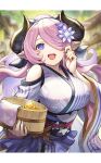  1girl bare_shoulders breasts bucket draph flower granblue_fantasy hair_flower hair_ornament hair_over_one_eye highres horns japanese_clothes kimono large_breasts long_hair looking_at_viewer nail_polish narmaya_(granblue_fantasy) pointy_ears purple_eyes purple_hair purple_kimono rubber_duck smile solo towel yuiko_(yuiyuiko_108) yukata 