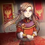  1girl artist_name banner brown_hair commentary commission edelgard_von_hresvelg english_commentary eyelashes fire_emblem fire_emblem:_three_houses gzei highres indoors long_hair looking_at_viewer own_hands_together parted_lips purple_eyes solo standing sunlight teeth twitter_username watermark 