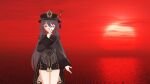  3d black_headwear black_shorts brown_hair game_model genshin_impact hu_tao_(genshin_impact) legs long_hair mikumikudance_(medium) non-web_source red_sun short_shorts shorts sunset thighs 