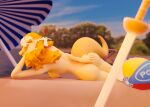 3d_(artwork) anonymous_artist anthro athletic ball beach beach_ball beach_umbrella big_breasts breasts butt canid canine digital_media_(artwork) female hi_res inflatable mammal melee_weapon minkmen_(one_piece) mostly_nude one_piece parasol seaside solo sword tail wanda_(one_piece) weapon