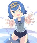  :d absurdres ass_visible_through_thighs bangs bare_arms black_swimsuit blue_eyes blue_hair blue_pants bright_pupils collarbone cowboy_shot crop_top eyebrows eyelashes hairband highres kogen legs_apart looking_at_viewer one-piece_swimsuit open_mouth outstretched_arms pants pants_pull pokemon pokemon_(game) pokemon_sm reaching_out ribbon-trimmed_clothes ribbon-trimmed_pants ribbon_trim sailor_collar school_swimsuit shirt short_hair sleeveless sleeveless_shirt smile solo standing suiren_(pokemon) swimsuit swimsuit_under_clothes tareme teeth trial_captain water wet white_pupils white_shirt yellow_hairband 