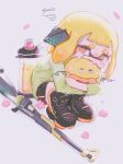  1girl agent_3_(splatoon) blonde_hair commentary_request falling_petals green_jacket headphones hero_charger_(splatoon) ink_tank_(splatoon) inkling inkling_girl jacket montaro_810 orange_eyes petals simple_background sitting splat_charger_(splatoon) splatoon_(series) splatoon_1 squiggle tears white_background zapfish 