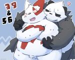 2022 anthro belly big_belly biped black_body black_nose bodily_fluids duo embrace generation_3_pokemon generation_6_pokemon hug hugging_from_behind kemono leaf nintendo overweight pangoro pokemon pokemon_(species) red_body simple_background sweat wanisuke white_body zangoose