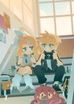  1boy 1girl :i ahoge annoyed aqua_eyes backpack bag bass_clef black_footwear black_pants blonde_hair blue_sky blush bow brother_and_sister bubble_tea cloud collared_shirt eye_contact gakuran game_boy grey_bag grey_footwear grey_sailor_collar grin hair_bow hair_ornament hairclip handheld_game_console highres holding holding_handheld_game_console jacket jitome kagamine_len kagamine_rin leg_warmers long_eyelashes long_sleeves looking_at_another loose_leg_warmer medium_hair megurine_luka neckerchief nintendo_switch no_lineart open_clothes open_jacket pants pigeon-toed pink_hair pleated_skirt poster_(object) projecttiger sailor_collar school school_uniform serafuku shirt shoes short_ponytail siblings sideways_glance sitting sitting_on_stairs skirt sky sleeves_rolled_up smile sneakers soda sparkle stairs sweatdrop swept_bangs takoluka tentacle_hair treble_clef tsurime twins unamused unbuttoned_jacket v-shaped_eyebrows vocaloid wavy_mouth white_bow white_leg_warmers white_shirt window yellow_bag yellow_nails yellow_neckerchief 